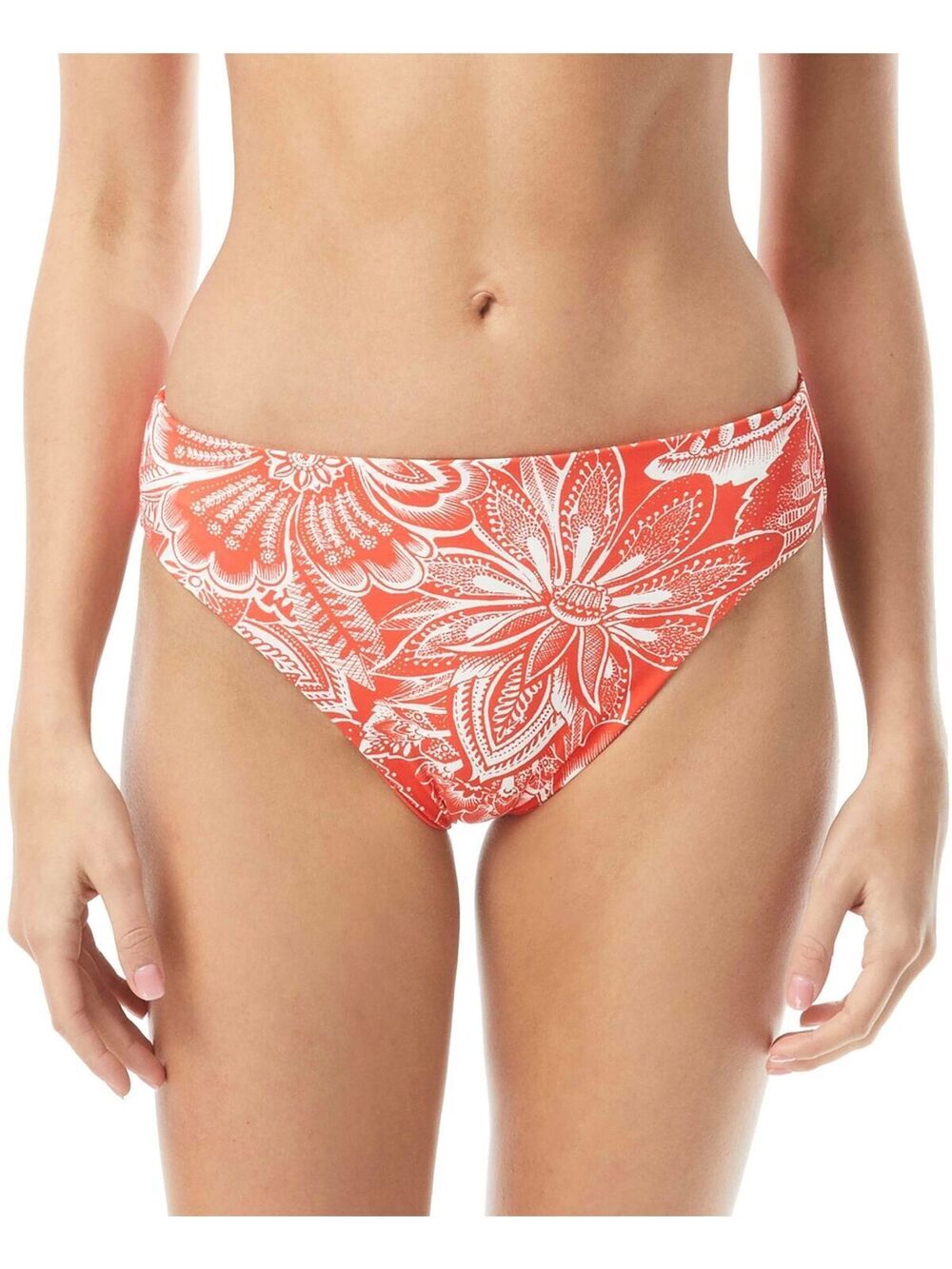 VINCE CAMUTO Red Floral Stripe Bikini Reversible High Leg Swimsuit Bottom L New